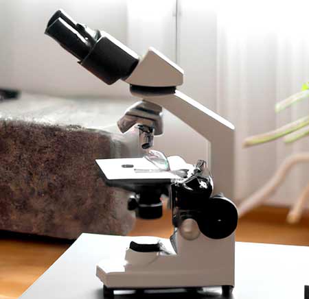 Ein Mikroskop steht im Wohnzimmer auf dem Tisch