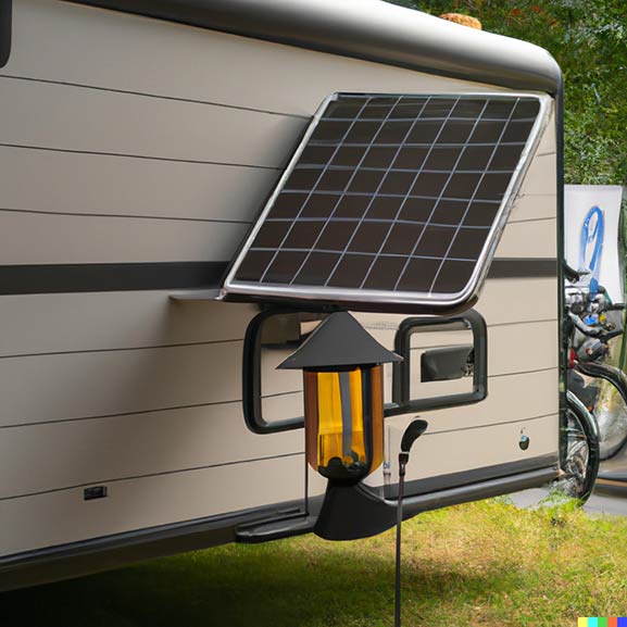 Solar Powerbank hängt am Wohnmobil auf dem Campingplatz