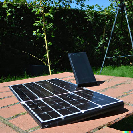 Solar Powerbank steht auf einem Gartentisch