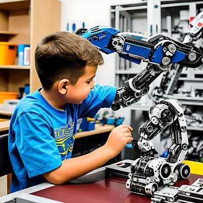 Ein Junge baut einen Roboterarm Bausatz zusammen