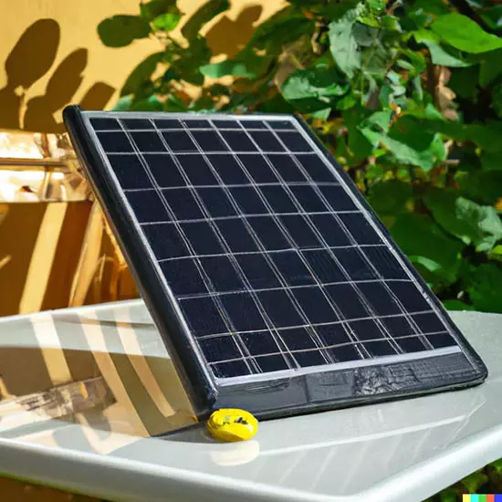 Solar Powerbank steht im Garten auf einem Tisch